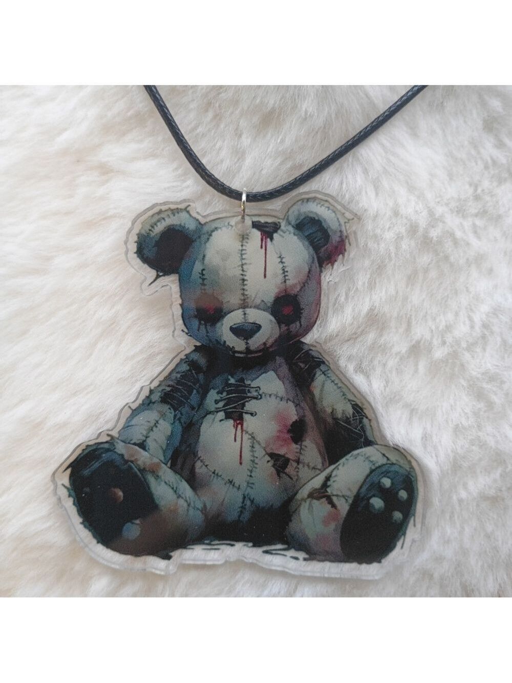 2/$10 Gothic Stitched Teddy Bear Pendant Necklace - Blue Gray